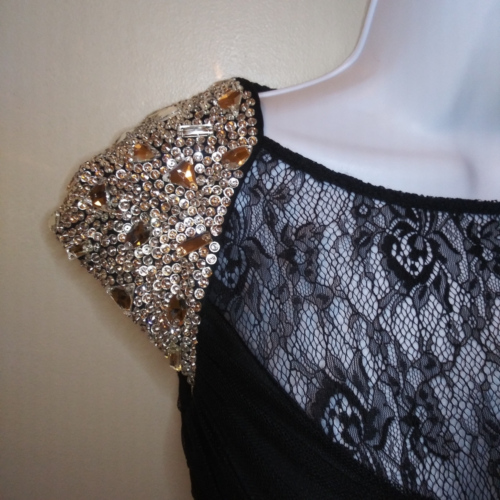 Jovani Sexy Black Rhinestone & Bead Studded Cap Sleeved Cocktail Dress - Picture 3 of 16
